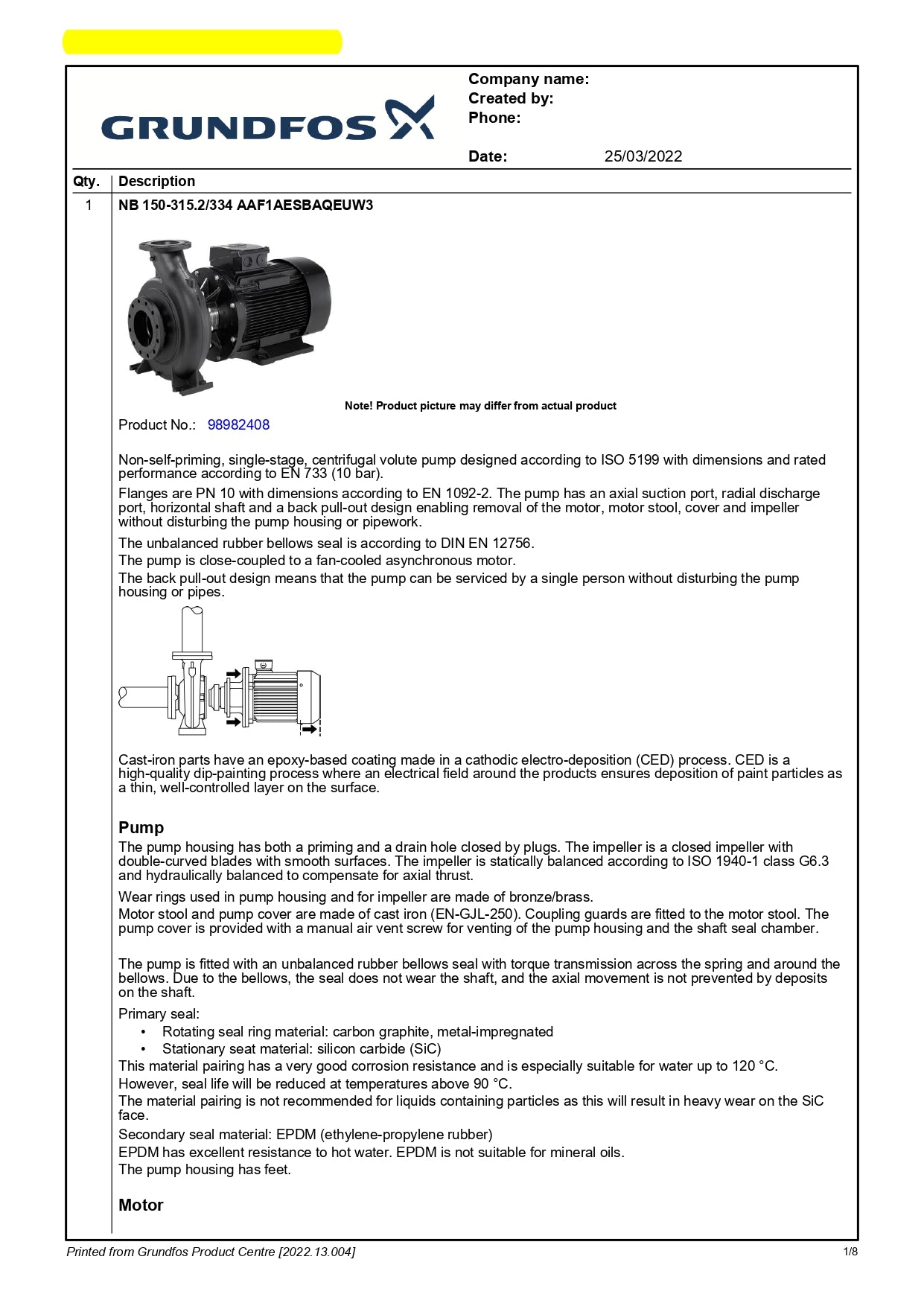 GRUNDFOS Secondary Chilled Water Pump NB 150-315.2/334 AAF1AESBAQEUW3, 4 Years Warranty