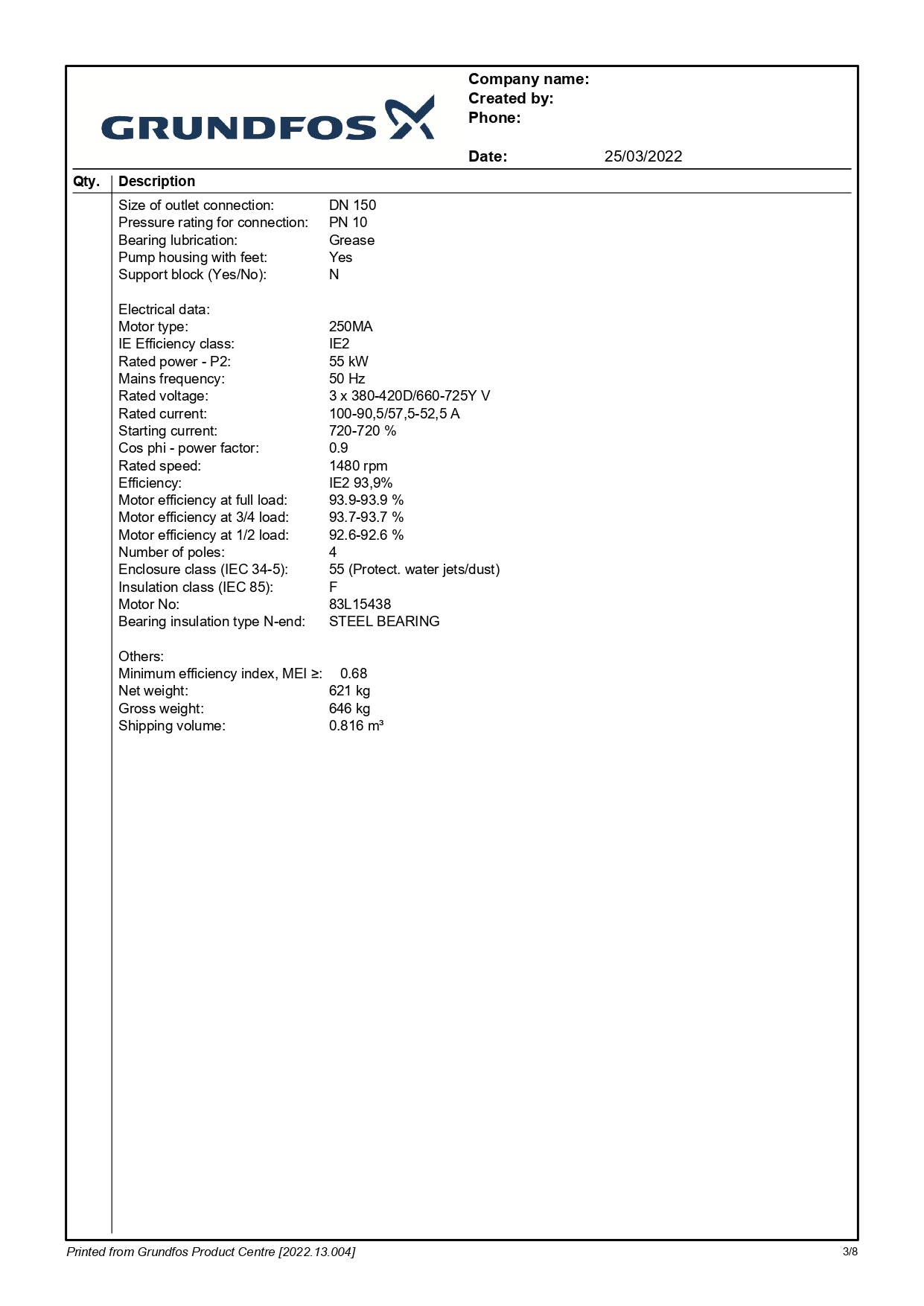 GRUNDFOS Secondary Chilled Water Pump NB 150-315.2/334 AAF1AESBAQEUW3, 4 Years Warranty