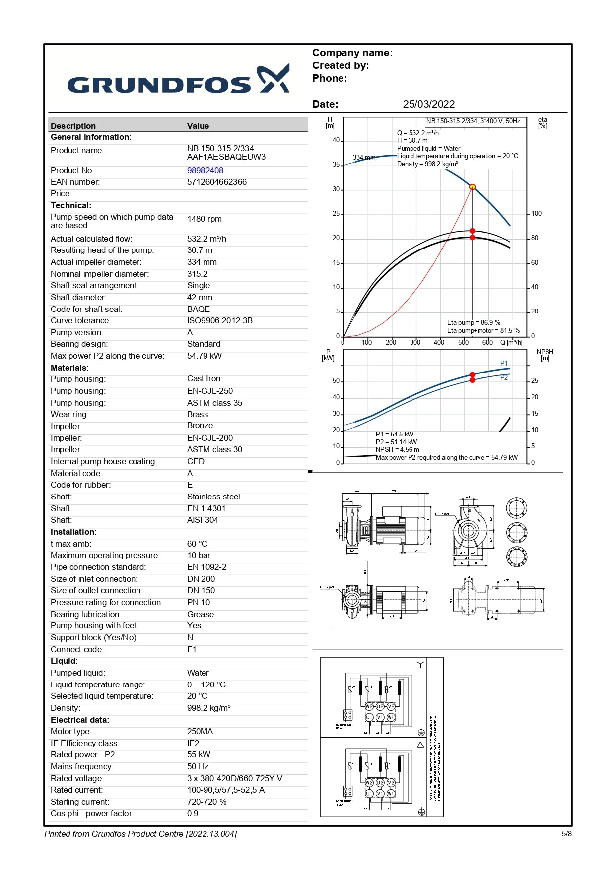 GRUNDFOS Secondary Chilled Water Pump NB 150-315.2/334 AAF1AESBAQEUW3, 4 Years Warranty