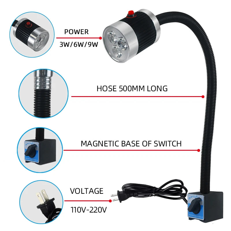 SME TOOLS WJT Led CNC Machine Tool Work Lamp 24v 220v Gooseneck Workshop Working Lights Magnetic / Screw Base Super Bright Industrial Lamp